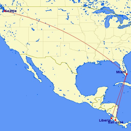 My mother's flight into San Jose via Miami, and our flights back from Liberia to Seattle